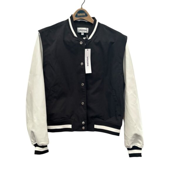 Vigoss Womens Black White Faux Leather Sleeves Varsity Bomber Jacket Medium M - Picture 1 of 9